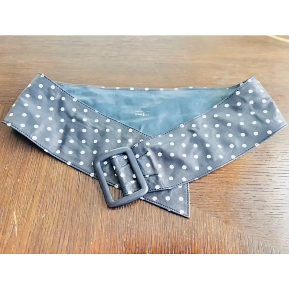 Vintage Neiman Marcus Made in Italy Navy Polka Dot Wide Waist Belt Medium